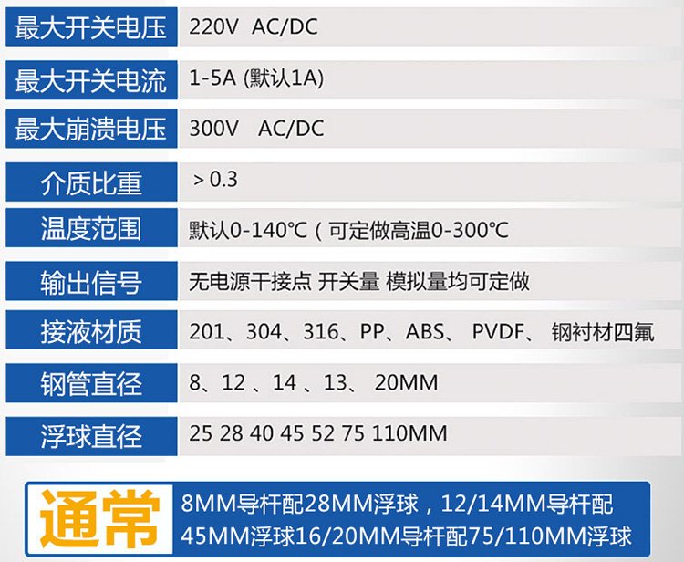 不銹鋼浮球液位計技術(shù)參數(shù)對照表